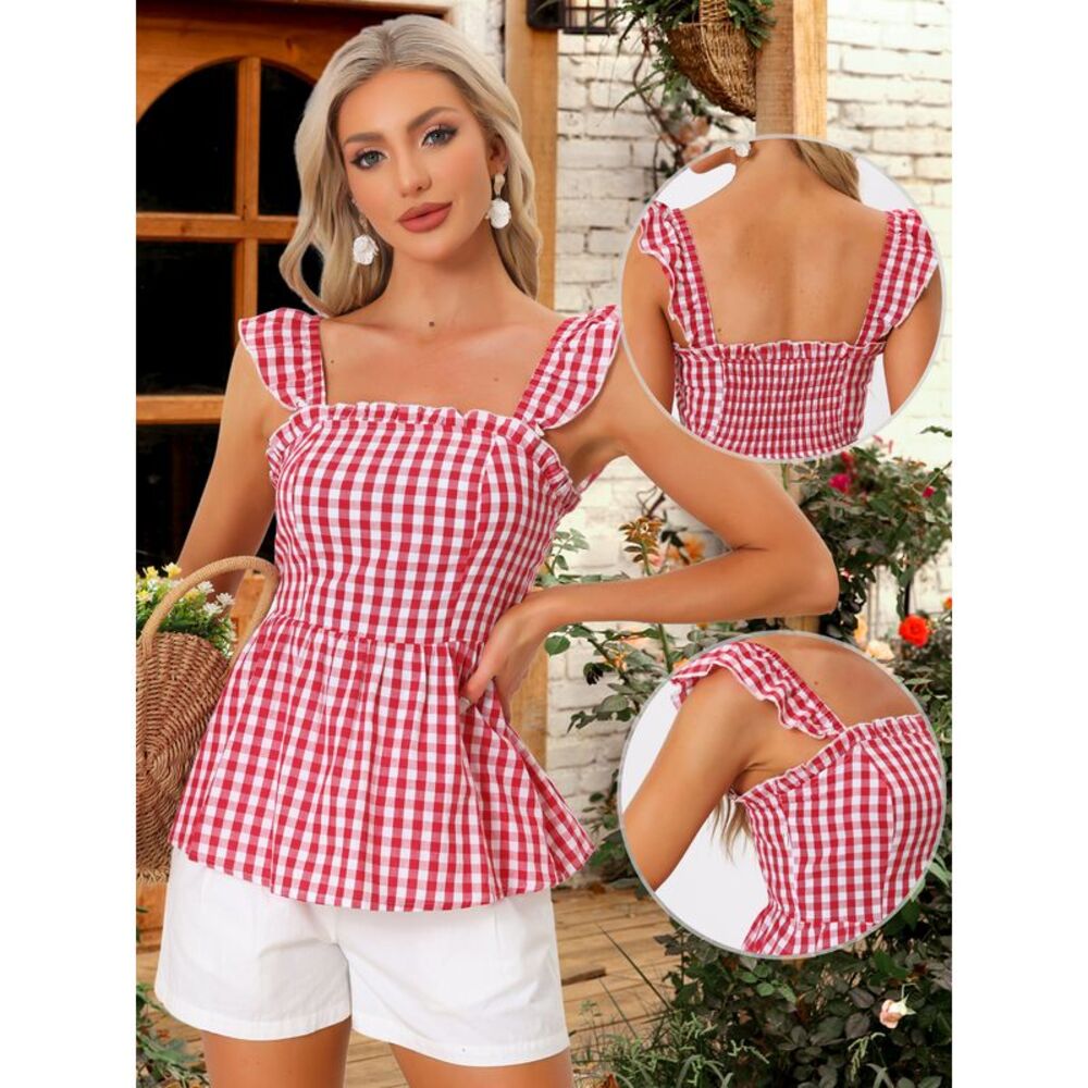 Gingham Peplum Top Summer Square Neck Plaid Blouse Red - Picture 2 of 6